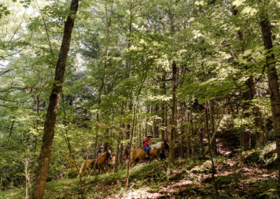 summer campers riding horses through the forest. The horses are being led by camp counselors